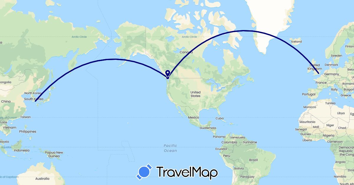 TravelMap itinerary: driving in Canada, United Kingdom, South Korea (Asia, Europe, North America)